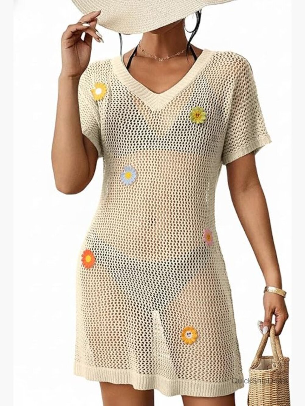 V Neck Short Sleeve Crochet Hollow-Out Swim Cover Up Beach Dress